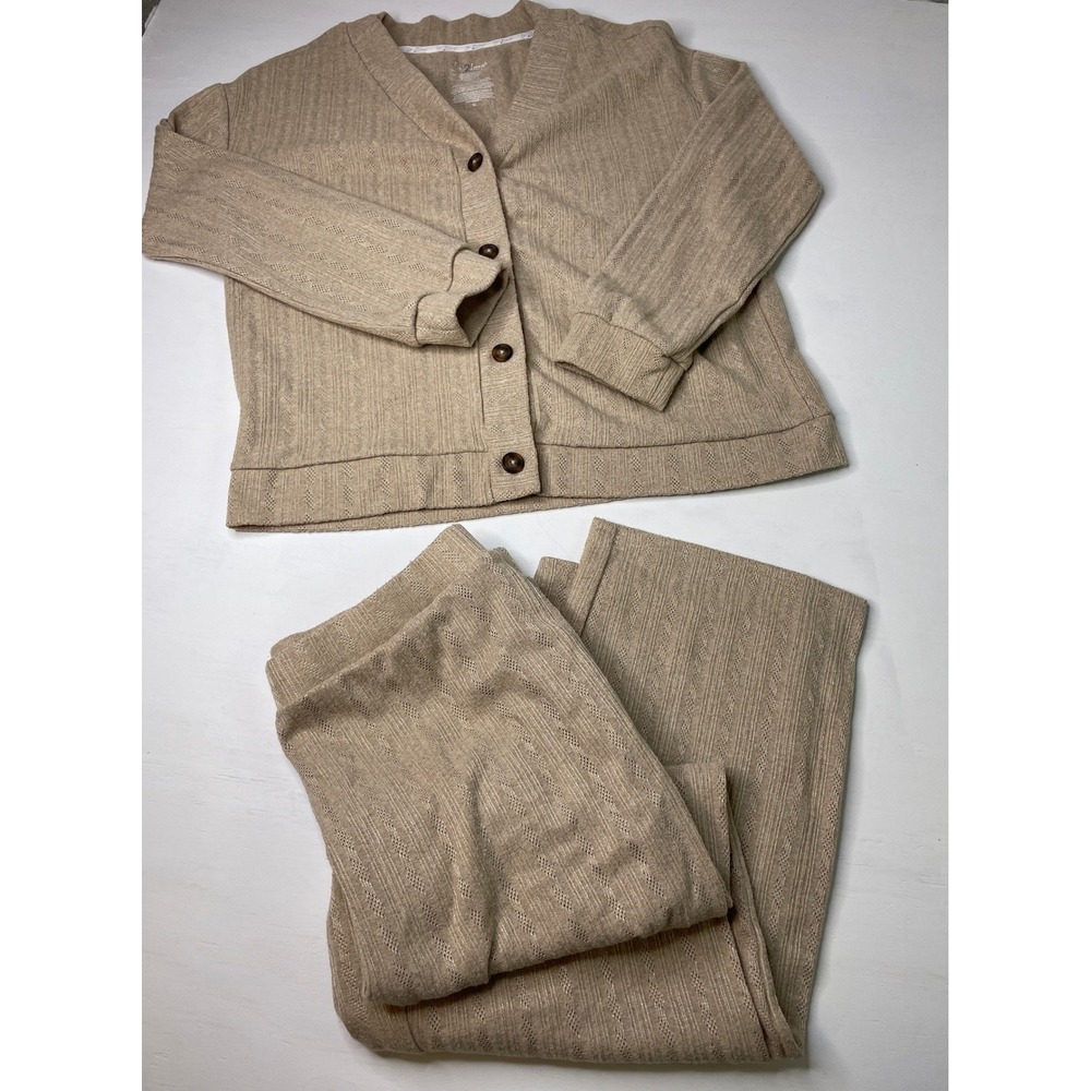 Live 2 Lounge Women Pajama Set Pointelle Knit Cardigan Pants XL Tan Loungewear